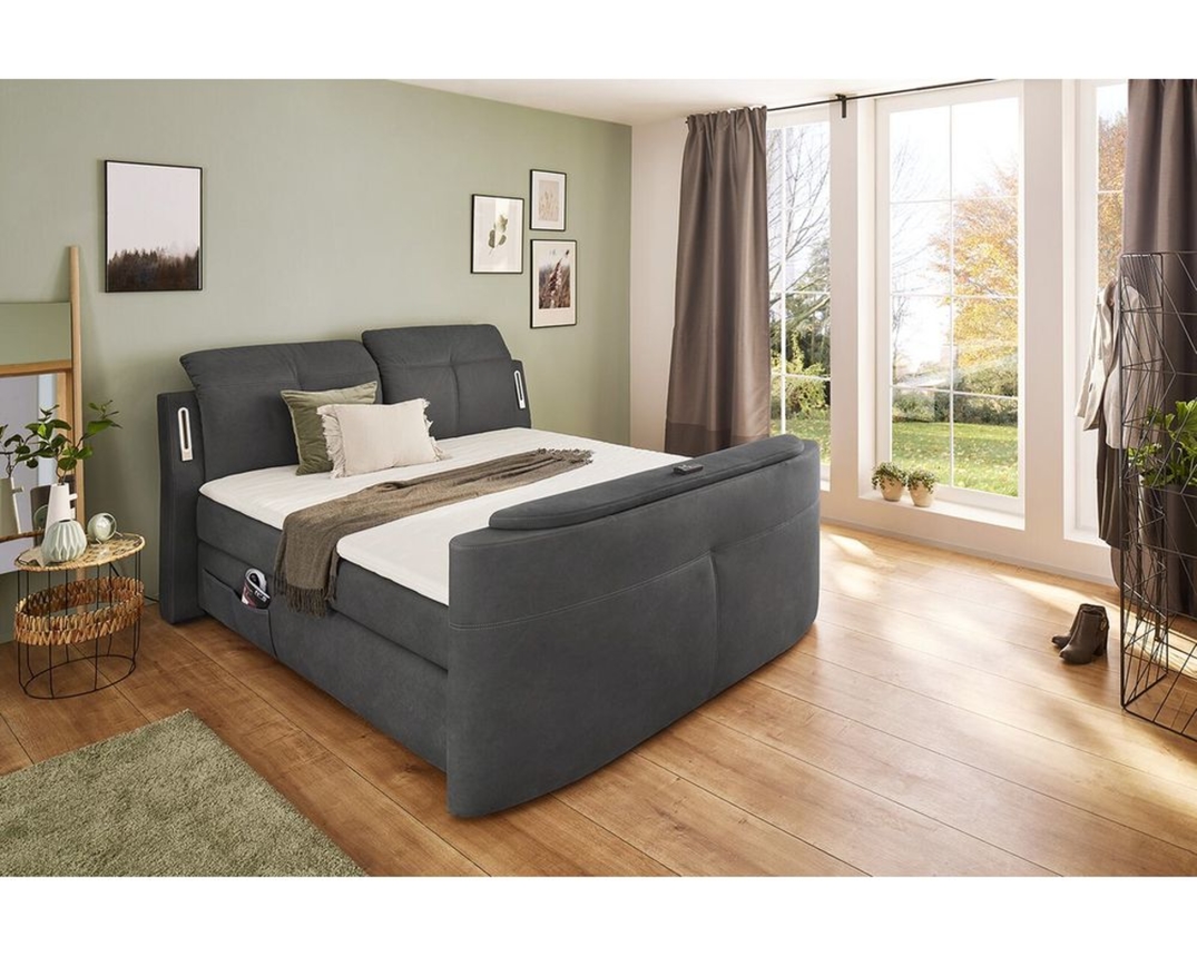 Boxspringbett "Jork", ca. 180x200 cm, mit LED-Beleuchtung, TV-Lift, USB-Ladeports - Dunkelgrau - 1