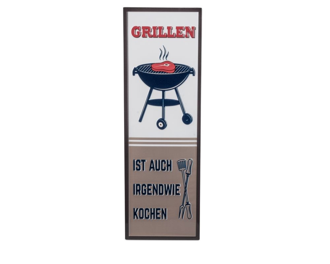 Schild "Grillen", ca. 19x58 cm, aus Metall - Weiß/Blau/Braun - 1