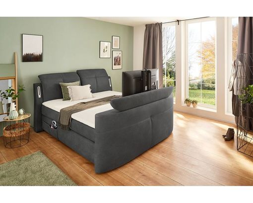 Boxspringbett "Jork", ca. 180x200 cm, mit LED-Beleuchtung, TV-Lift, USB-Ladeports - Dunkelgrau - 2